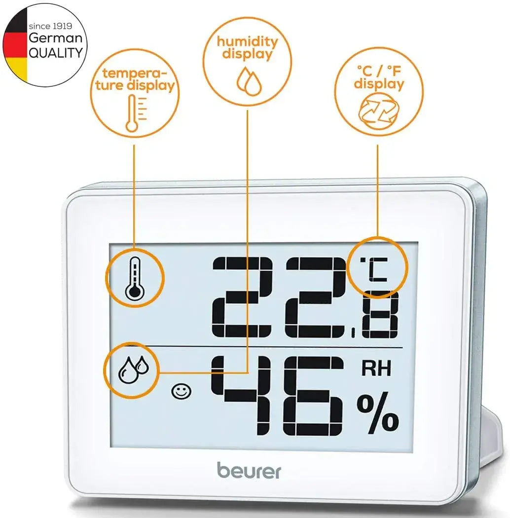 Beurer HM16 Thermo-Hygrometer, Indoor Climate Control for a Healthier Home, Displays Room Temperature & Humidity, Easy to Interpret Smiley Face Sequencing - Imported from UK