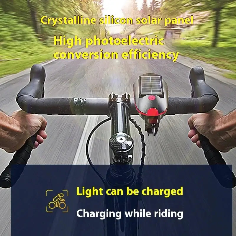 Solar + USB Charging Bike Headlight with Horn, High Brightness Waterproof LED Bicycle Light with 3 Lighting Modes - (Container Product Without Box) - Imported from UK