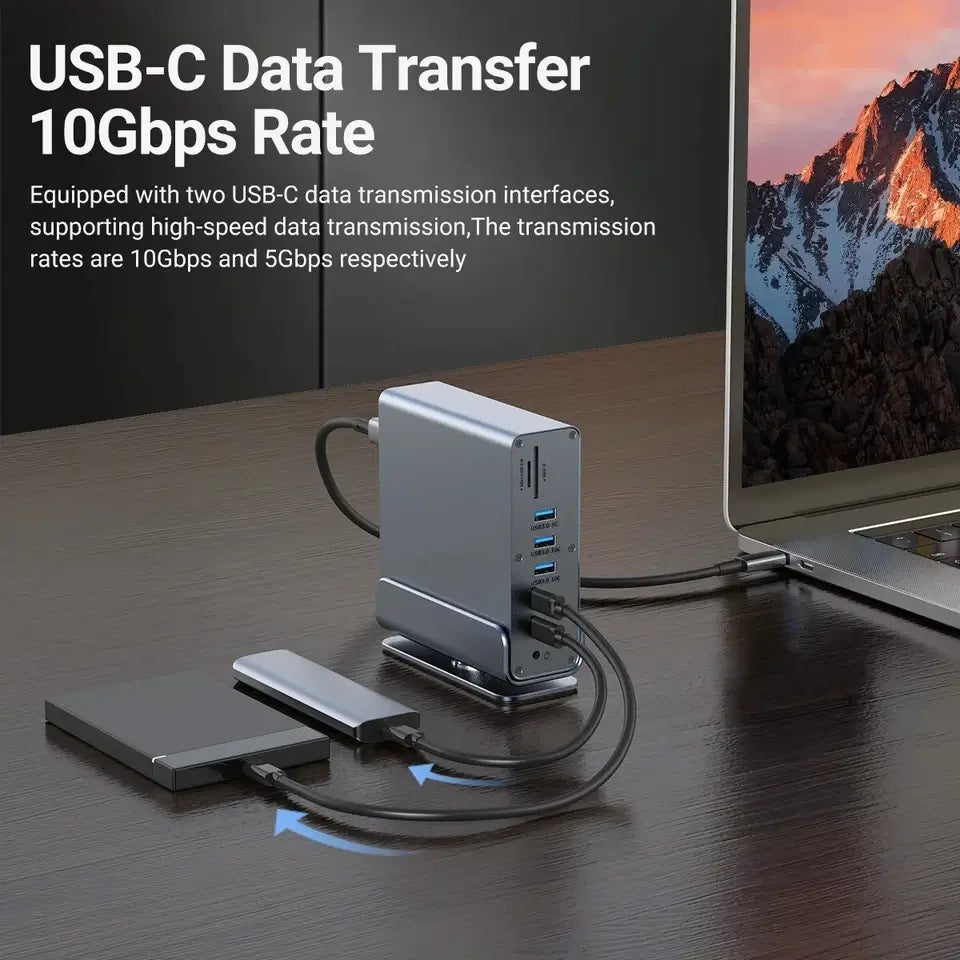 15 in 1 USB-C Docking Station 4K HD Vertical Hub with Triple Monitor 4K Display Dual HDMI + DP 5xUSB 3.0/2.0 PD 3.0