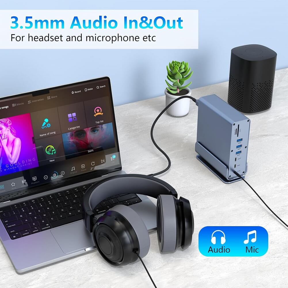 15 in 1 USB-C Docking Station 4K HD Vertical Hub with Triple Monitor 4K Display Dual HDMI + DP 5xUSB 3.0/2.0 PD 3.0