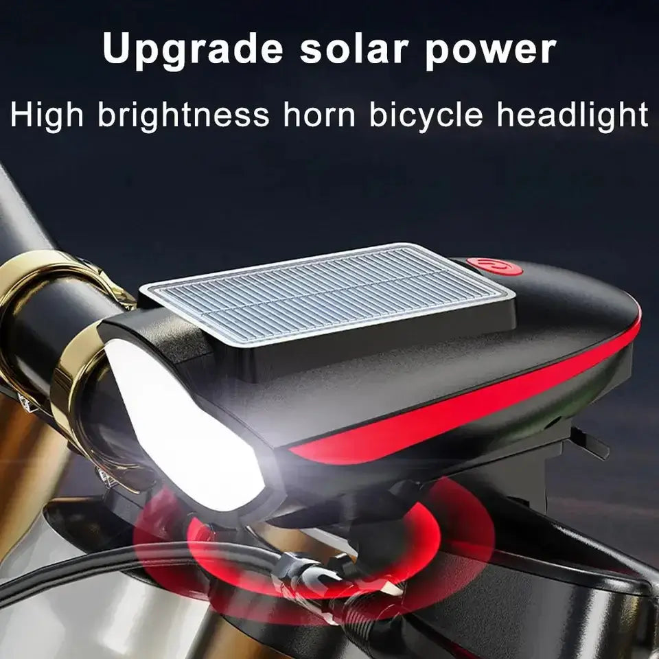 Solar + USB Charging Bike Headlight with Horn, High Brightness Waterproof LED Bicycle Light with 3 Lighting Modes - (Container Product Without Box) - Imported from UK