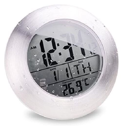 Emate Water Resistant LCD Bathroom Shower Clock Waterproof Digital Displays Time Date Week & Temperature with 4 Suction Cups Hanging Hole Aluminum Finish - Imported from UK