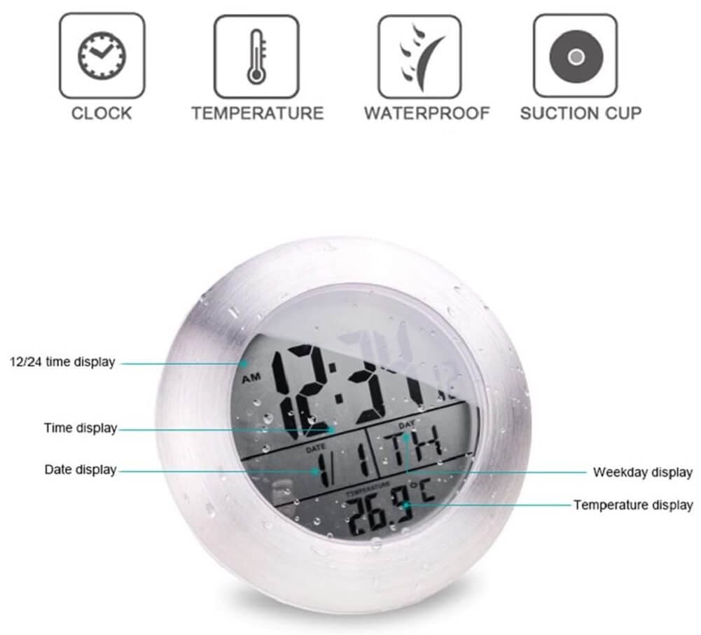 Emate Water Resistant LCD Bathroom Shower Clock Waterproof Digital Displays Time Date Week & Temperature with 4 Suction Cups Hanging Hole Aluminum Finish - Imported from UK