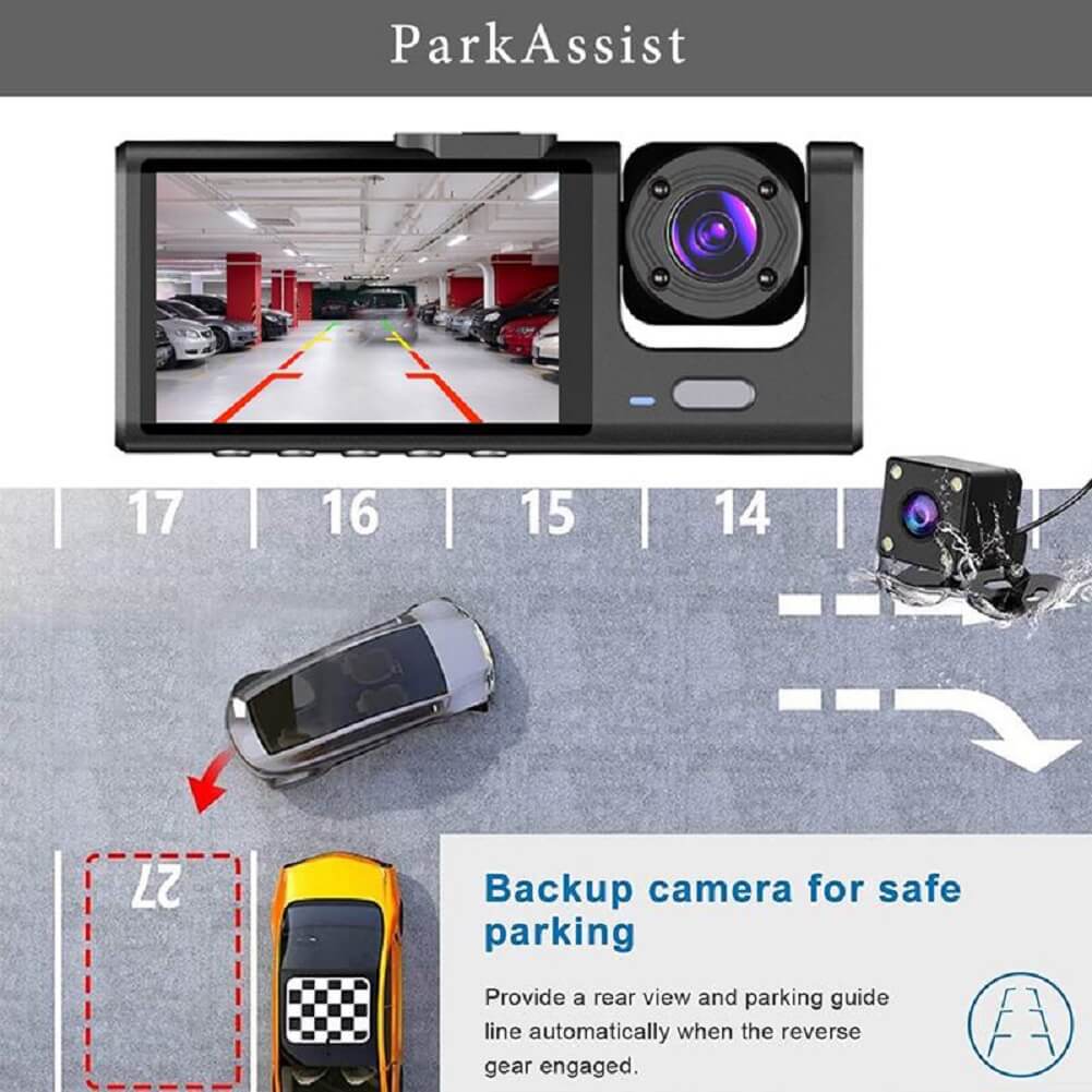 3-Channel Car Dash Cam, 3 Camera Lens Car DVR, HD 1080P Front & Rear Inside Dash Cam, Dual Lens Video Recorder Black Box 24H Parking Monitoring Night Vision - Imported from UK