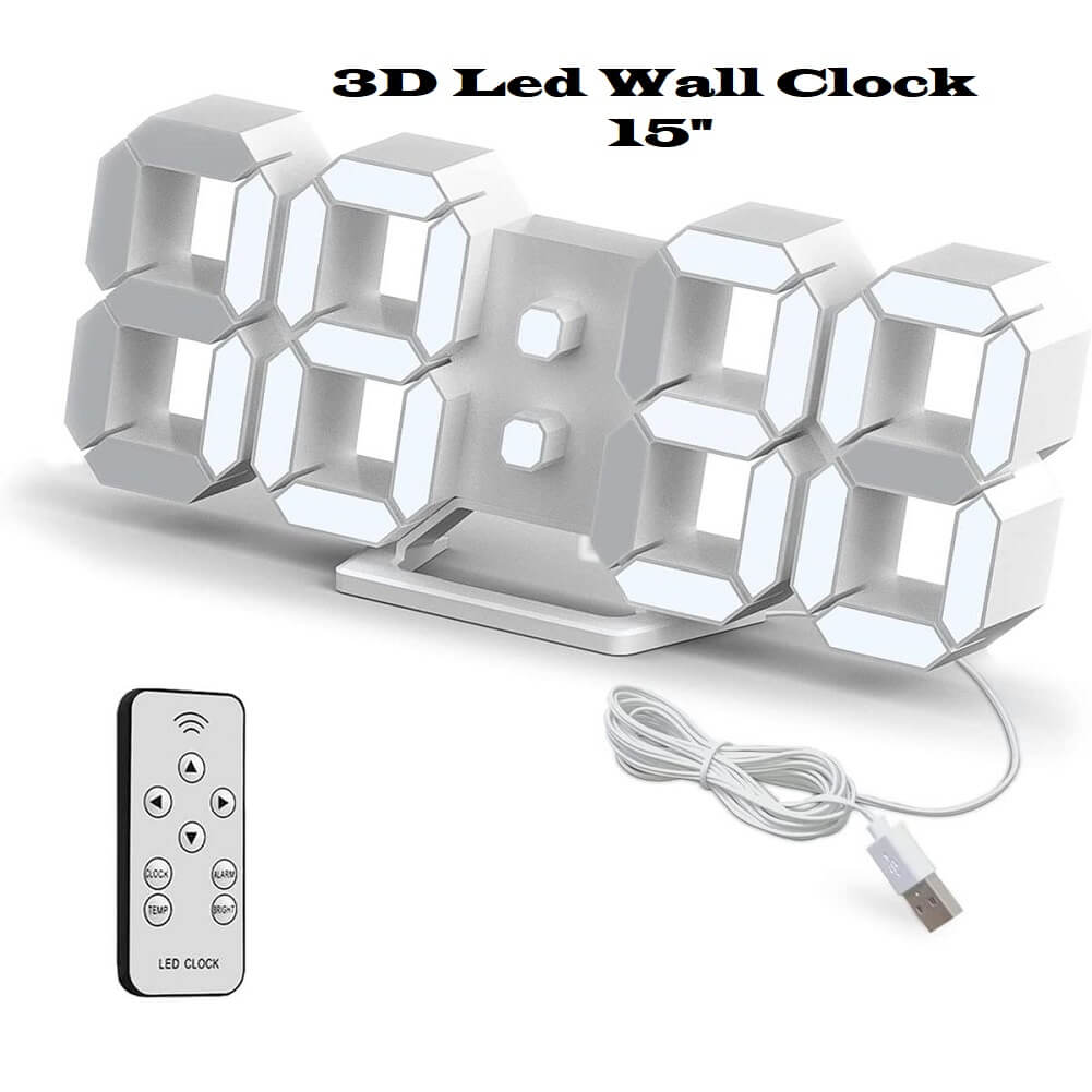 3D 15" LED Digital Wall Clock with Remote Control, Large Display 12/24H Date Temperature Snooze Adjustable Brightness Clock for Warehouse Office Home Living Room - Imported from UK