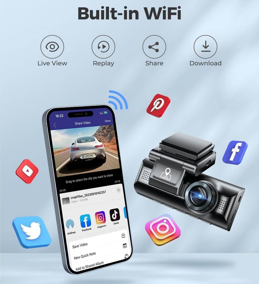 AZDOME M550 3 Channel 4K 1080P WiFi Dash Cam, Dual Front & Rear Triple Car Camera with Built-in GPS IR Night Vision WDR IPS 3.19" Screen Parking Mode - Imported from UK