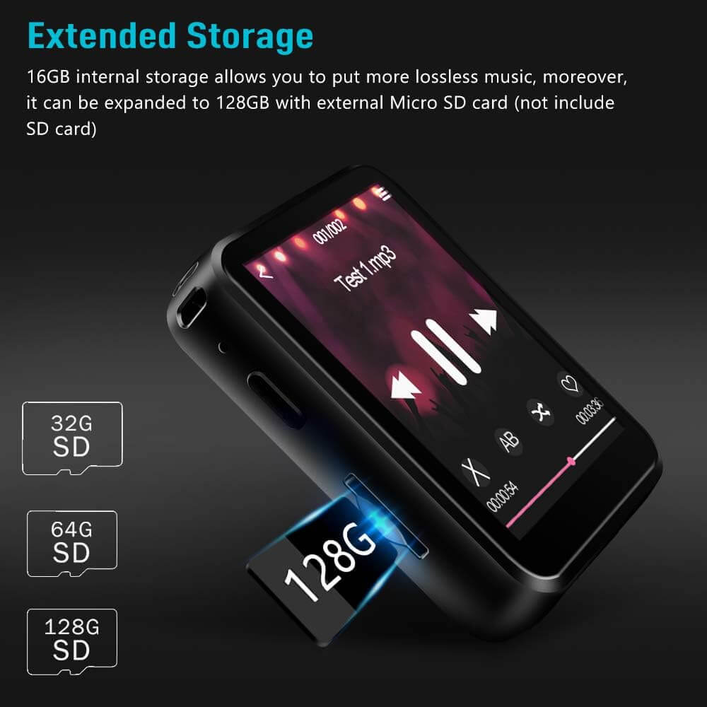 Geekera / Timoom Bluetooth 5.0 MP3 Player, 16GB Music Player with HiFi Lossless Sound, 1.8" Full Touch Screen with Clip Speaker FM Radio Recorder E-book Video Alarm - Imported from UK