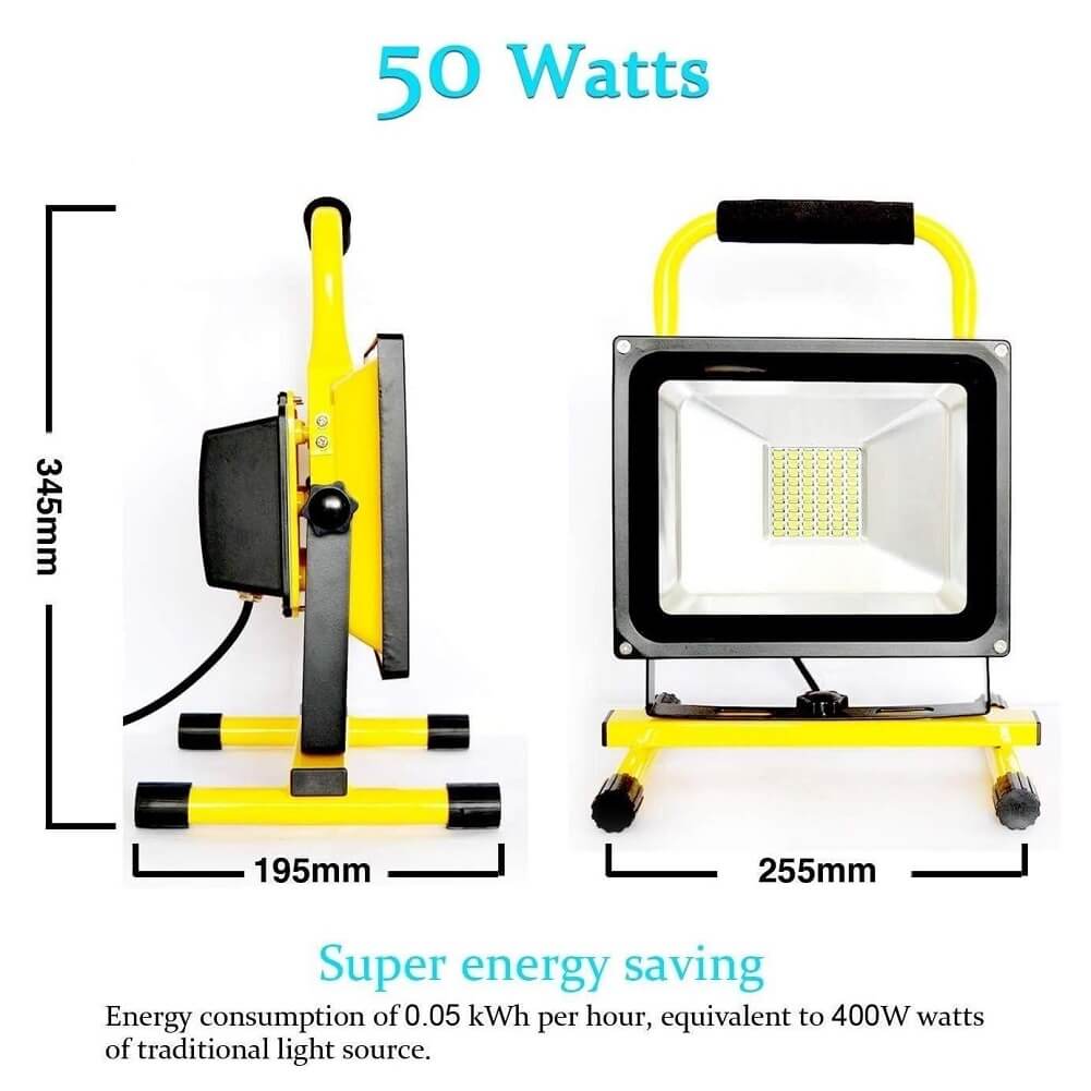 LED Flood Light, 50W Rechargeable IP65 Waterproof 5000LM Work Light with Detachable Stand, Security Emergency Site Light - Imported from UK