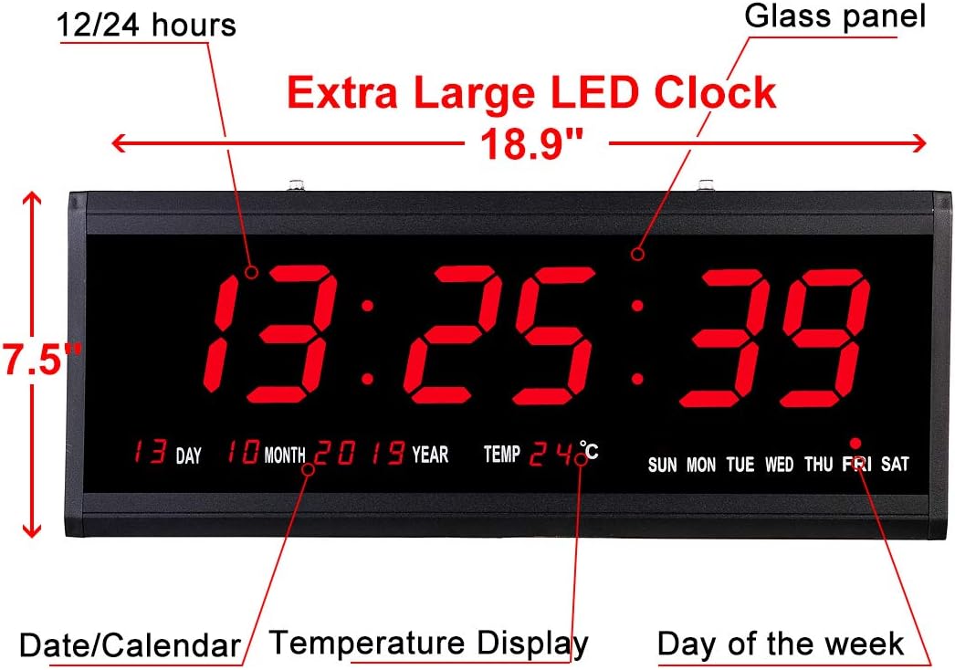 HoTai Large LED Digital Wall Clock 18.9 Inch, Large Red LED Display with Indoor Temperature Date, Day of Week, Desk Wall Alarm Clock - Imported from UK