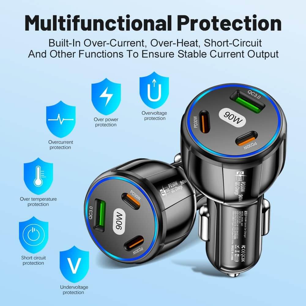 KIFIDAN 90W 3-in-1 Super Fast Charging Station, USB-C Car Charger with Dual PD 30W+QC3.0 - Imported from UK