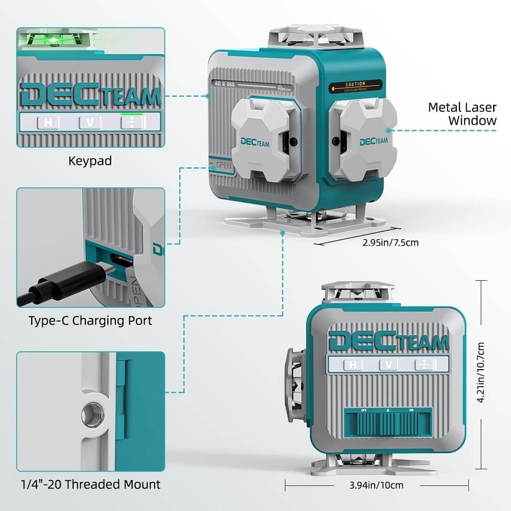 DECTEAM 4D 16 Lines Self-leveling Laser Level, 4 x 360° Green Cross Line Laser Levels with Horizontal & Vertical Lines, Rechargeable Battery & Magnetic Base Included - Imported from UK