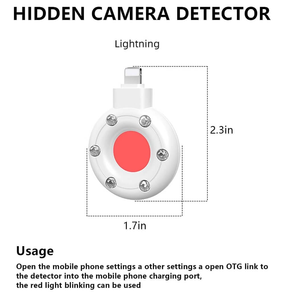 Hidden Camera Detector with 6 LEDs Sensitive Light Detector Through Infrared Filter to Protect Your Privacy, Lighting Port For iPhone - Imported from UK