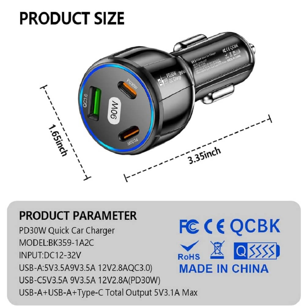 KIFIDAN 90W 3-in-1 Super Fast Charging Station, USB-C Car Charger with Dual PD 30W+QC3.0 - Imported from UK