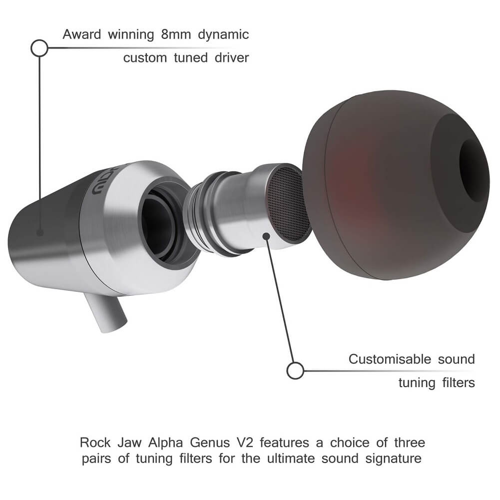 ROCK JAW AUDIO Alfa Genus V2 Earphones with In-Line Mic & Tuning Filter - Imported from UK