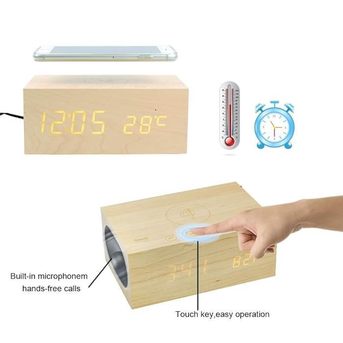 Eachine X5 9 in 1 Multi-Function Wooden Alarm Clock with Built-in Wireless Charger, Bluetooth 4.0 Speaker with Mic, Clock, Thermometer, NFC, LED Time Display & Double USB Interface  - Imported from UK