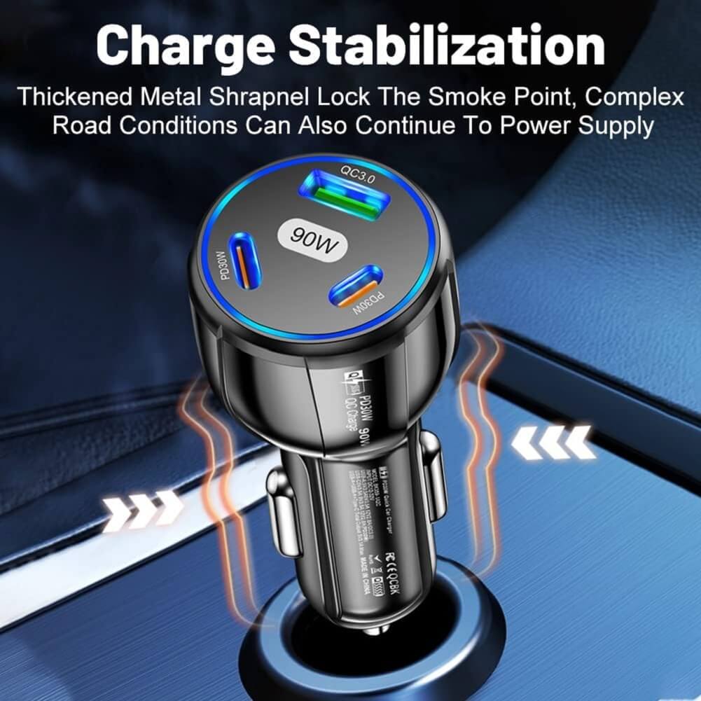KIFIDAN 90W 3-in-1 Super Fast Charging Station, USB-C Car Charger with Dual PD 30W+QC3.0 - Imported from UK