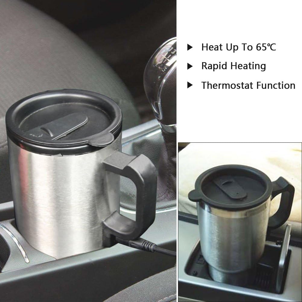 MOSANDON 12V Car Heated Travel Mug, 450ml Stainless Steel Electric Cup Insulated Heated Thermos Mug - Imported from UK