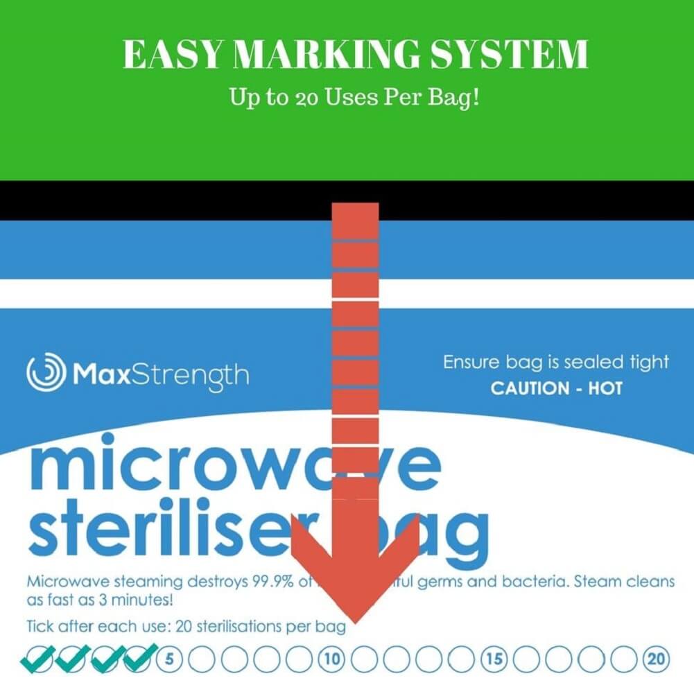 Max Strength Microwave Premium Sterilizer Bags (Pack of 10), Large & Durable Steam Bags for Baby Bottles, Soothers, Teethers & Training Cups, 20 Uses Per Bag, Marking System, Chemical Free - Imported from UK
