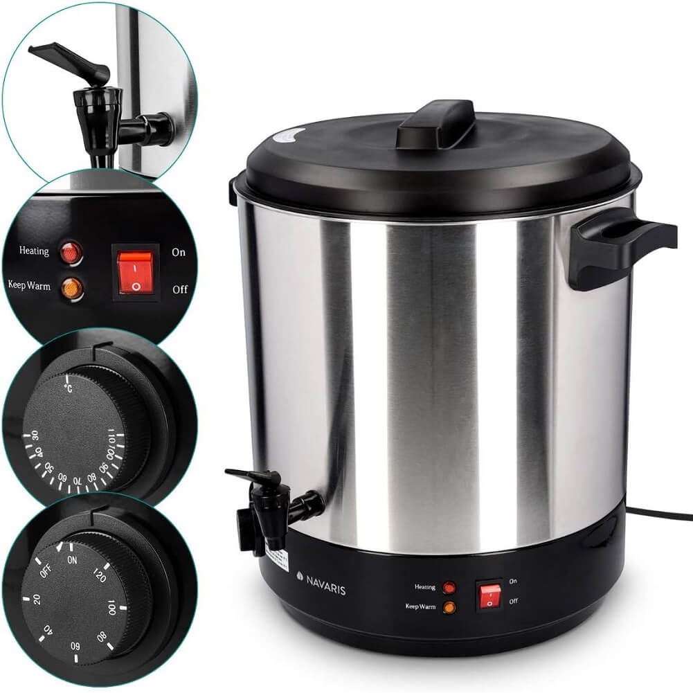 Navaris 27L Stainless Steel 1800W Preserving Kettle with Mulled Wine Function, Including Thermostat & Timer up to 120m, Temperature from 30-100°C With Thermostat Tap - imported from UK