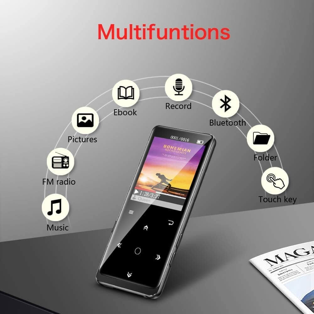SUPEREYE 16GB Bluetooth 4.1 MP3 Player, Music Player with FM Radio, Recording, 1.8" Screen, HiFi Lossless Sound, Support up to 64GB - imported from UK