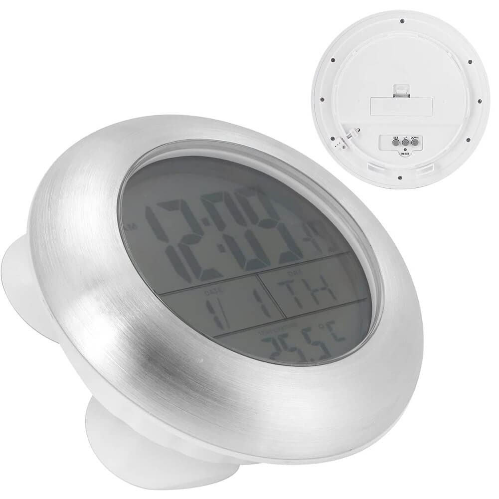 Emate Water Resistant LCD Bathroom Shower Clock Waterproof Digital Displays Time Date Week & Temperature with 4 Suction Cups Hanging Hole Aluminum Finish - Imported from UK
