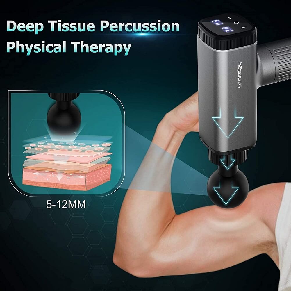 Nanssigy Muscle Massage Gun with 6 Heads, 30 Adjustable Speeds, LED Indicator & 2600mAh Battery, Deep Tissue Powerful Percussion Massager, Portable Fascia Gun for Relieving Muscle Pain & Stiffness - Imported from UK