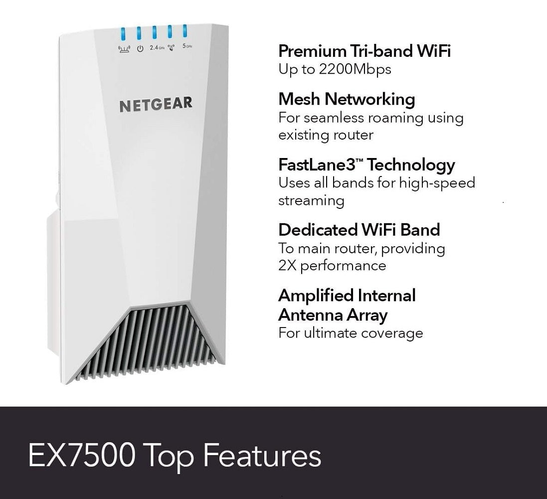 NETGEAR Nighthawk® X4S Tri-Band WiFi Mesh Range Extender (EX7500-100NAS), AC2200 Wireless Signal Booster & Repeater up to 2200Mbps Speed + Mesh Smart Roaming, 2.2Gbps Wall-plug Internal Antennas (Container Product Without Box) - Imported from UK