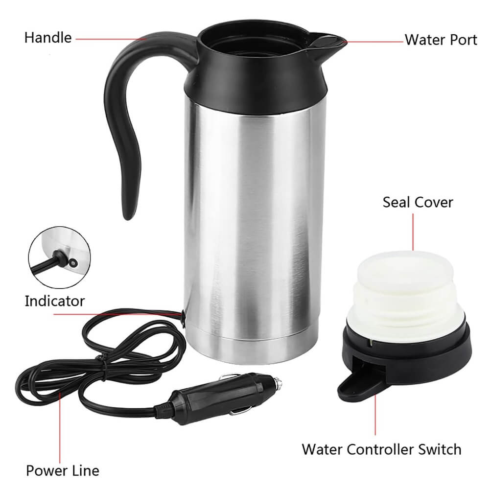 Car Electric Kettle, 12V 750ml Stainless Steel Travel Kettle Thermoses for Heating Water Coffee Milk Tea & More - Imported from UK