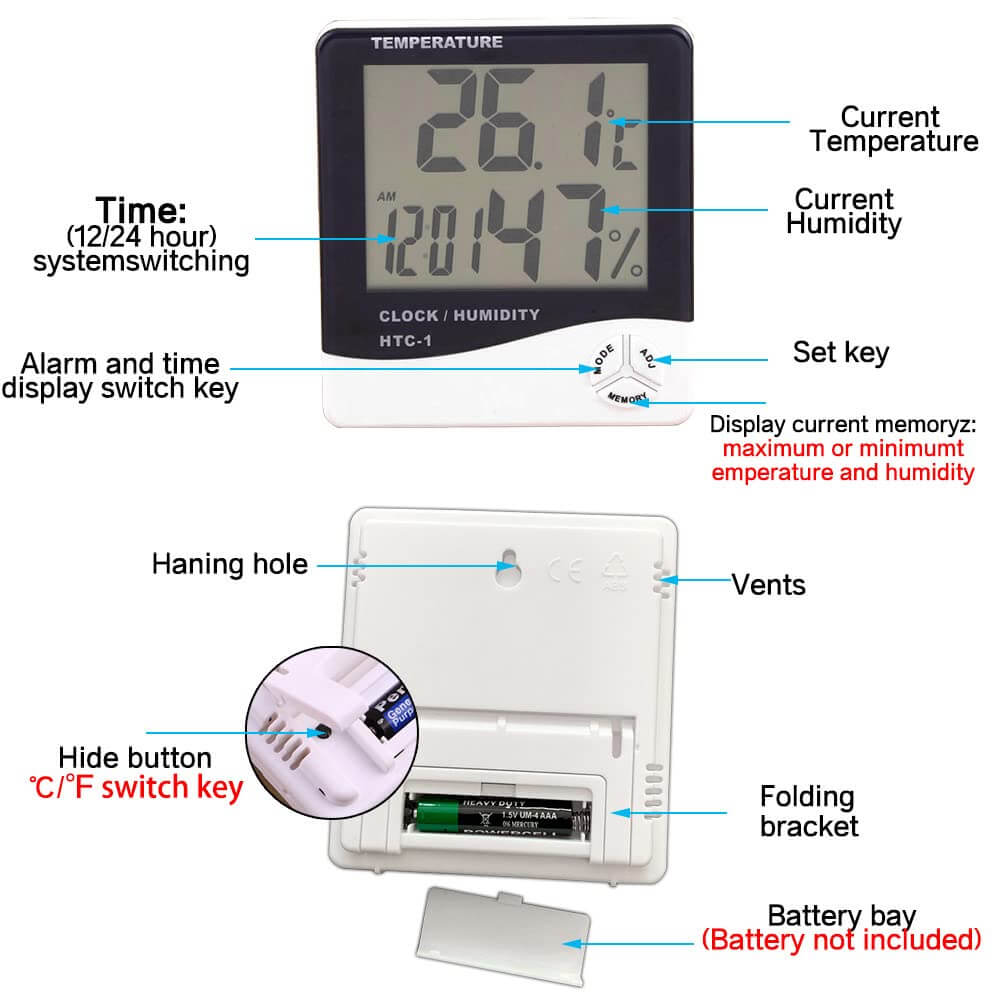 Temperature Humidity Meter with Alarm Clock, HTC-1 Large Screen Digital Thermo Hygrometer - Imported from UK