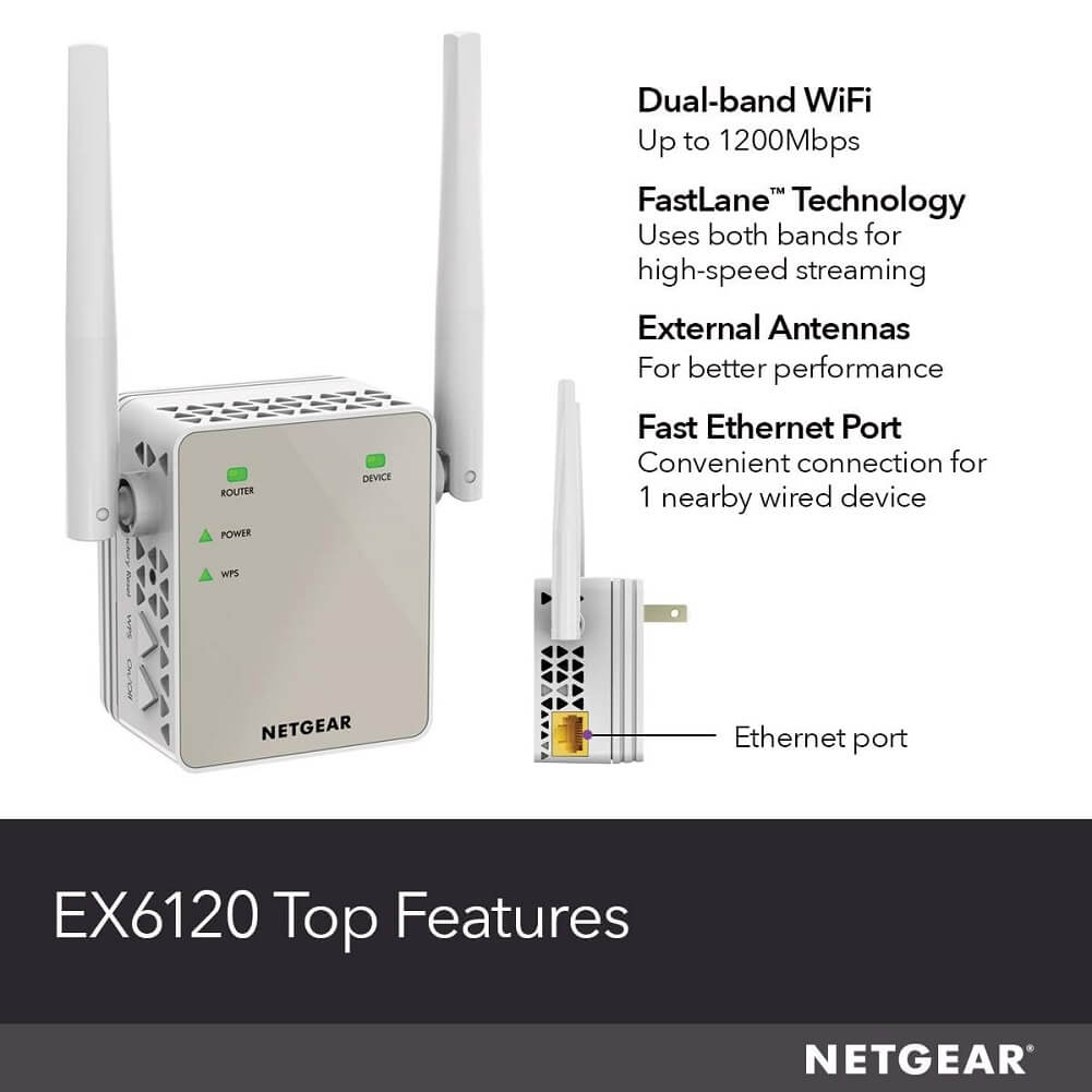 NETGEAR EX6120 Dual Band Wi-Fi Range Extender, Coverage Up to 1500 Sq Ft, AC1200 Wireless Signal Booster & Repeater Up to 1200Mbps Speed & Compact Wall Plug Design (Container Product Without Box) - Imported from UK