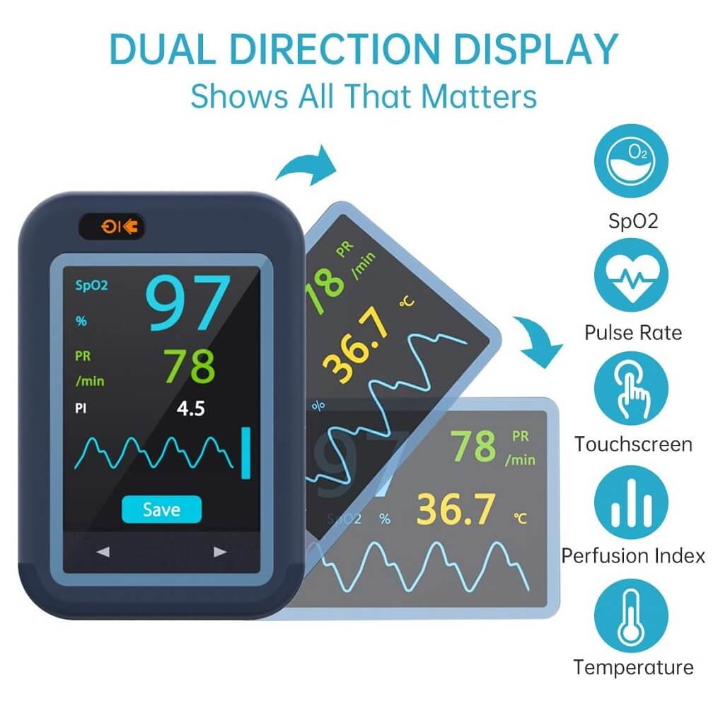 Wellue Checkme™ Pod Wireless Pulse Oximeter with Thermometer, Continuous Monitoring of SpO2 & Body Temperature, Rotatable Touchscreen, APP for Android & iOS - Imported from UK