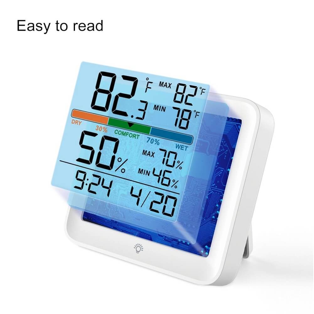 Digital Indoor Thermometer & Hygrometer with Accurate Temperature Humidity Monitor Meter & Touch LCD Backlight (Container Product Without Box) - Imported from UK