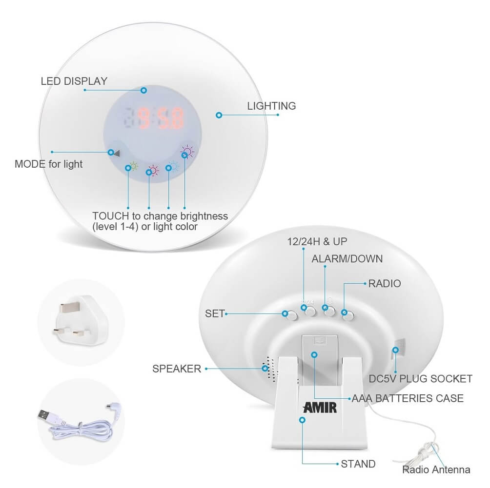 AMIR Wake-Up Light Alarm Clock, (7 Sound 5 Colour) Night Light with Sunrise Simulation FM Radio, Touch Control Multi-Functional, 4-Brightness Levels - Imported from UK