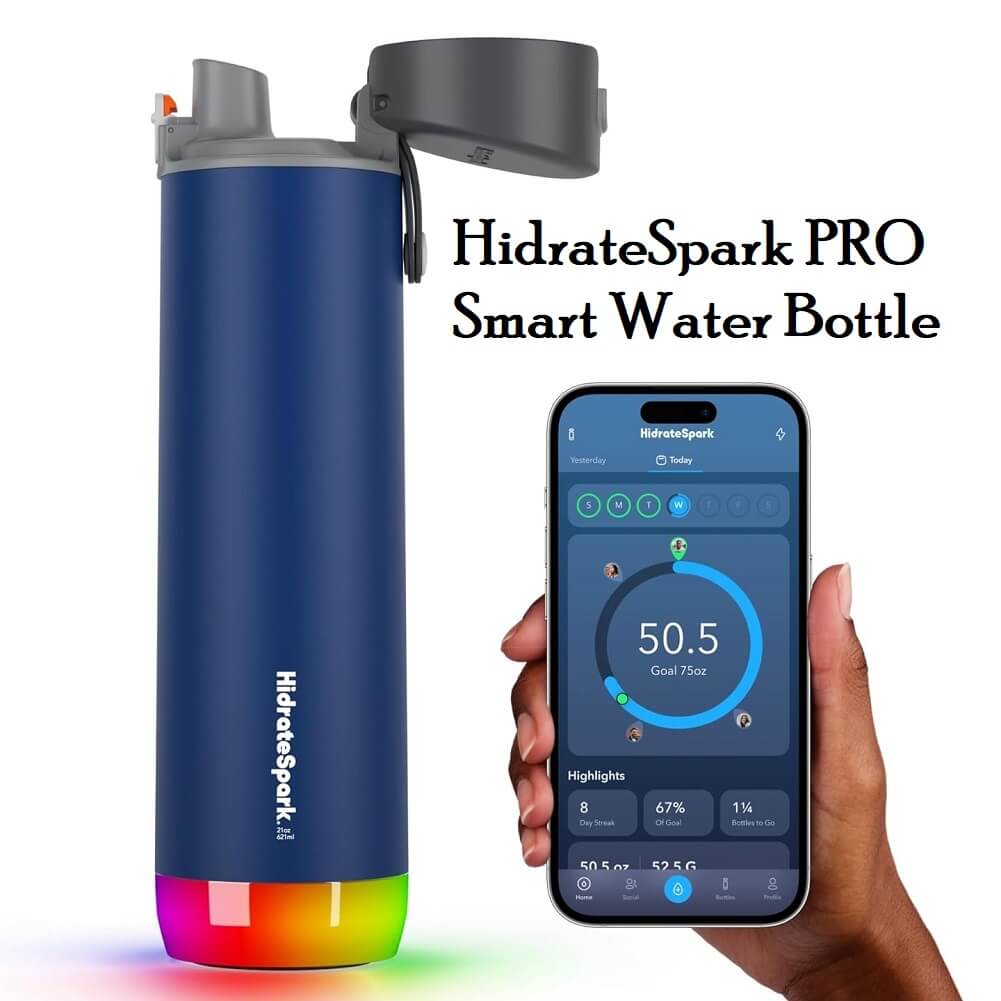 HidrateSpark PRO 21oz Smart Water Bottle, Insulated Stainless Steel, Tracks Water Intake with Bluetooth, LED Glow Reminder When You Need to Drink, Chug Lid - Imported from UK