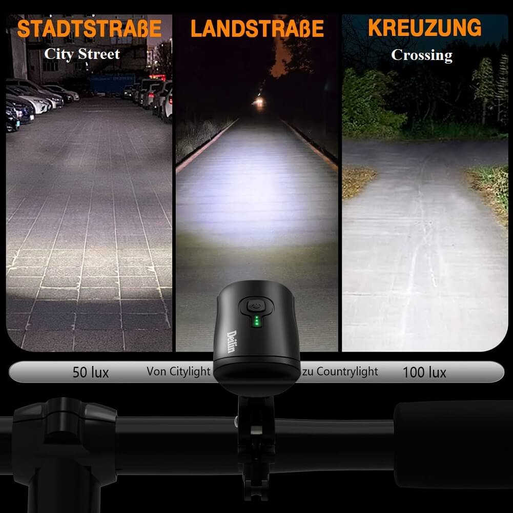 Deilin Bicycle Light Set, Up to 70 Lux, Osram LED Bicycle Light, USB Rechargeable, IPX5 Waterproof Front & Rear Bicycle Light Set - Imported from UK