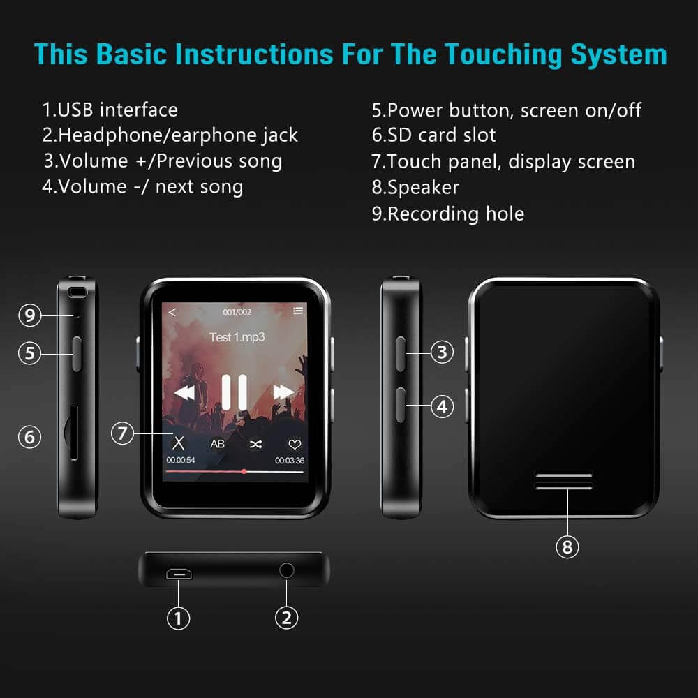 Geekera / Timoom Bluetooth 5.0 MP3 Player, 16GB Music Player with HiFi Lossless Sound, 1.8" Full Touch Screen with Clip Speaker FM Radio Recorder E-book Video Alarm - Imported from UK