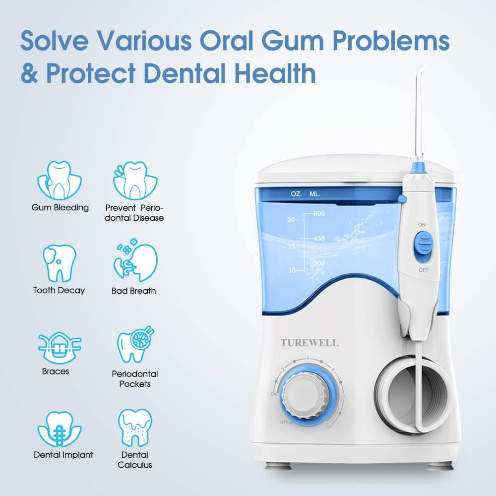 TUREWELL Water Dental Flosser for Teeth/Braces with 8 Water Jet Tips, 10 Pressure Levels, 600ML Electric Water Dental Oral Irrigator - Imported from UK