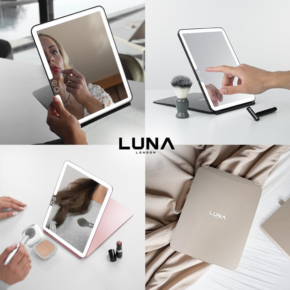 LUNA London Vanity Makeup Mirror, 3 Colour LED Lighted Compact, Portable, Rechargeable, Illuminated Mirror, Perfect for Travel, Makeup & Beauty Needs - Imported from UK