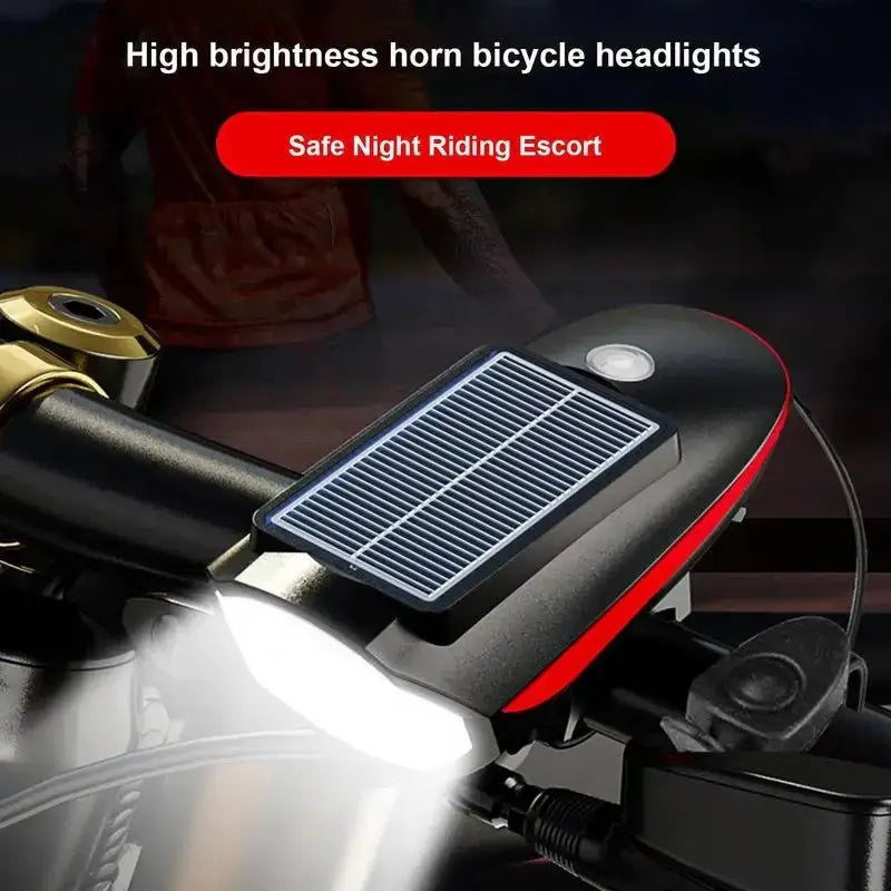 Solar + USB Charging Bike Headlight with Horn, High Brightness Waterproof LED Bicycle Light with 3 Lighting Modes - (Container Product Without Box) - Imported from UK
