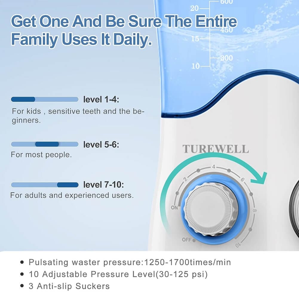 TUREWELL Water Dental Flosser for Teeth/Braces with 8 Water Jet Tips, 10 Pressure Levels, 600ML Electric Water Dental Oral Irrigator - Imported from UK