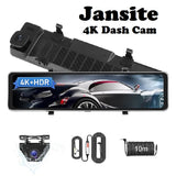 Jansite 4K+HDR 12" Mirror Dash Cam with Anti glare IPS Touch Screen, Reduce Blind Spots Front & Rear View Dashcam with Waterproof Reverse Camera HDR Night Vision, 24H Parking Monitor, G-Sensor (2023 Upgraded) - Imported from UK