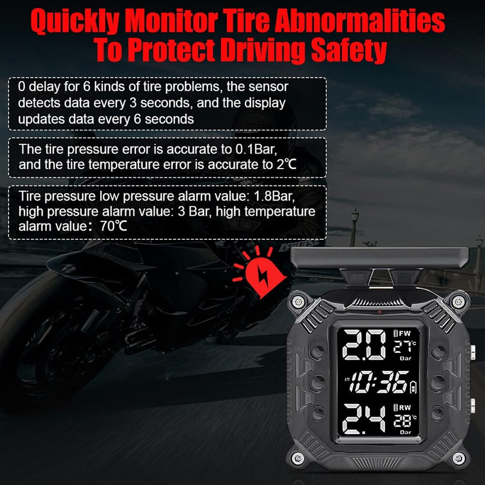 Solar Power Wireless TPMS Motorcycle Tire Pressure Monitoring System, Digital Display with 2 Wheel Sensors for Motorcycle - Imported from UK