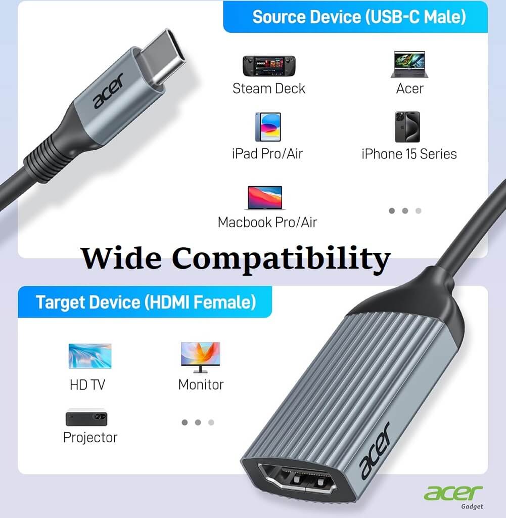 acer USB-C to HDMI Adapter 4K@60Hz, High Speed Type C to HDMI Converter - Imported from UK