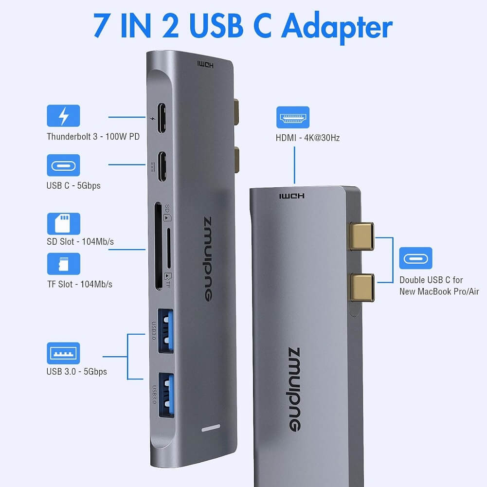 ZMUIPNG 7-in-2 USB C Hub for MacBook Air/Pro, USB-C Adapter with 4K HDMI, 2x USB3.0, Thunderbolt 3, SD/TF Card Reader (TB3) - Imported from UK