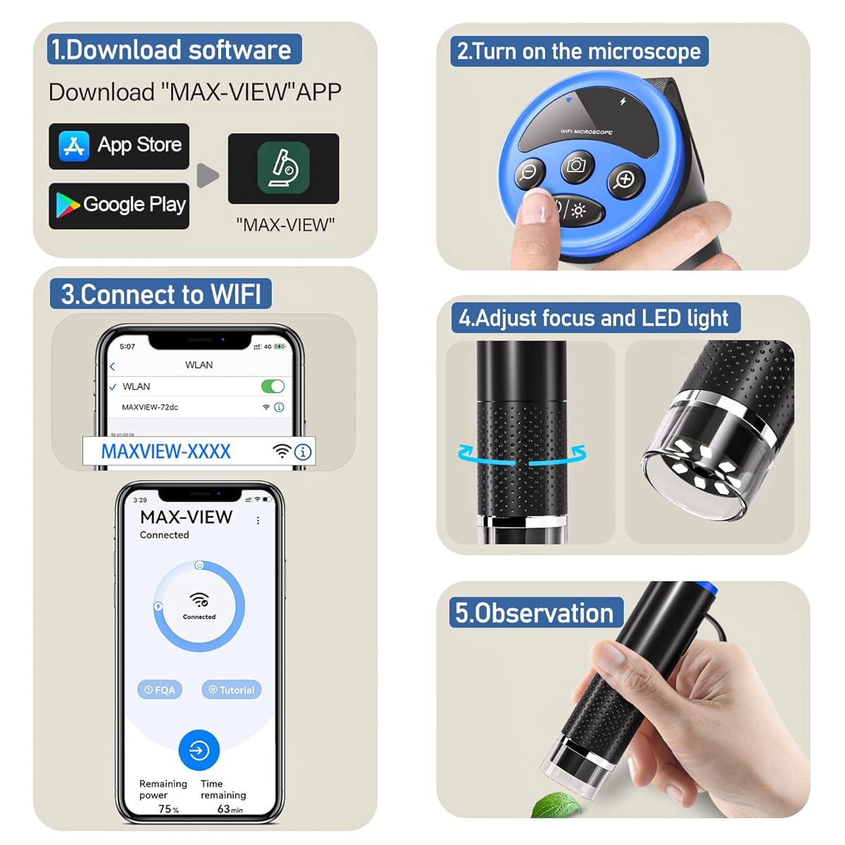 SKYBASIC Digital Wireless Microscope 2MP 50X-1000X Magnification Portable WiFi USB Microscope Camera with 8 LEDs for Phone PC Tablet Windows Android (Container Product Without Box) - Imported from UK
