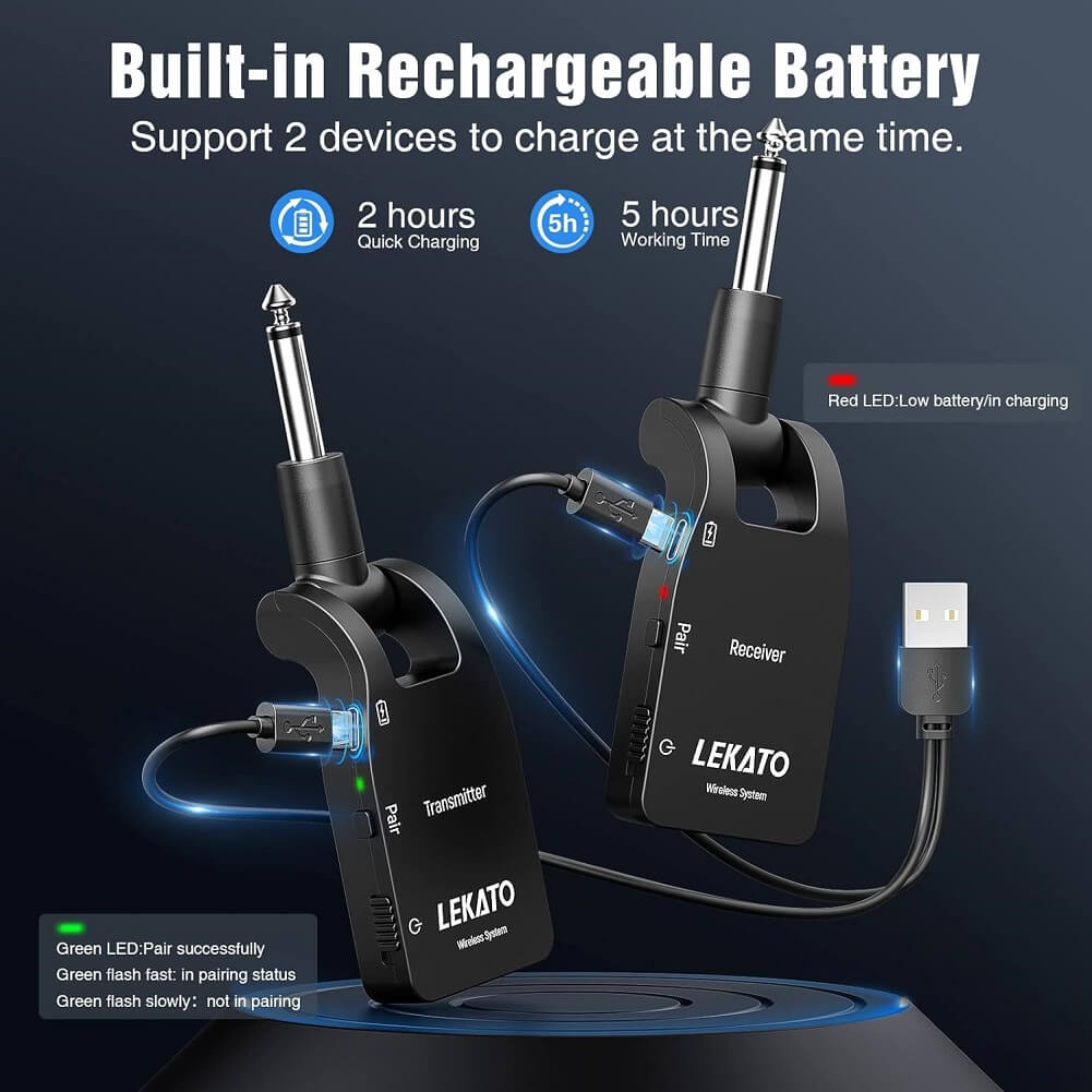 LEKATO Guitar Wireless System 2.4G Wireless Guitar Transmitter Receiver Set, Built-in Battery,  6 Channels 100ft Wireless System for Electric Guitar Bass (WS10) - Imported from UK