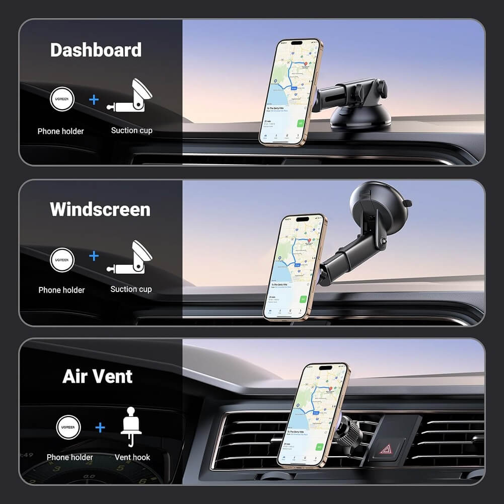 UGREEN 25704 Magnetic Car Phone Mount, 2-in-1 Car Phone Holder Dashboard Windscreen Air Vent - Imported from UK