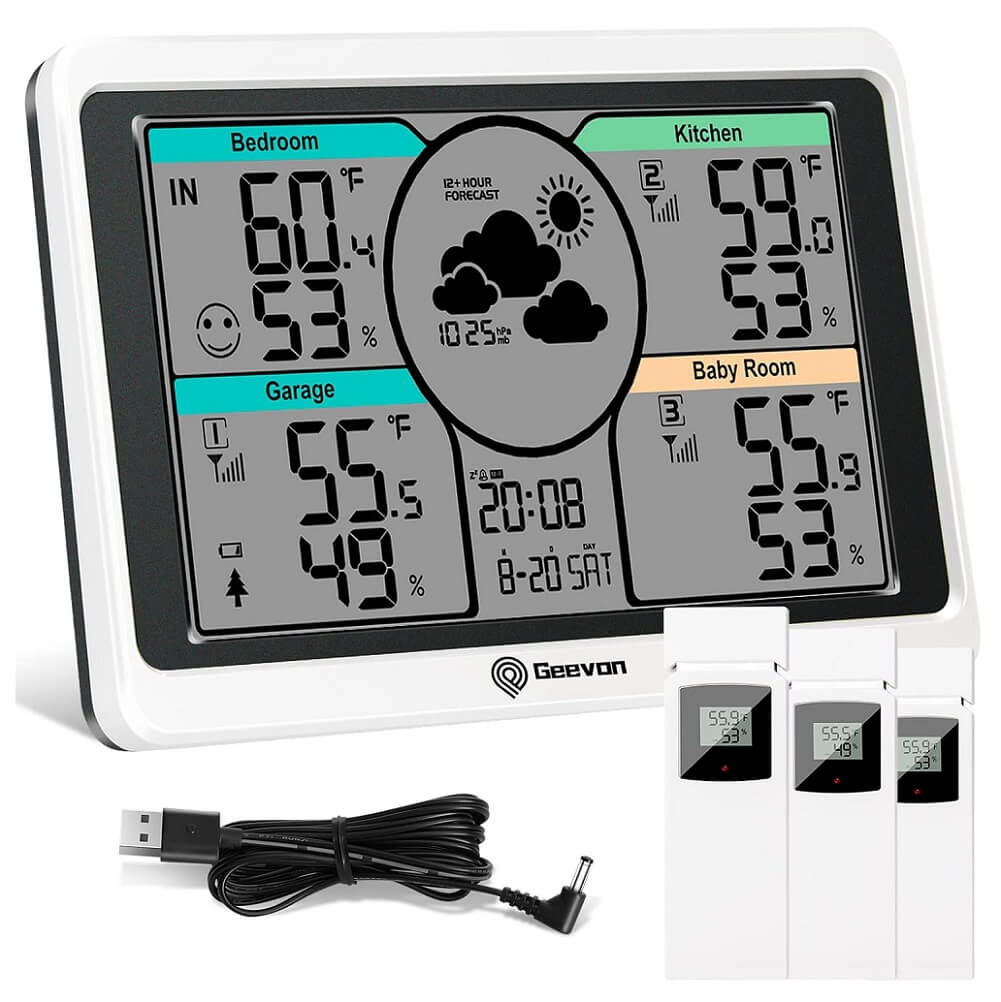 Geevon Weather Stations with 3 Indoor Outdoor Thermometer Multiple Wireless Sensors Digital Large LCD Display Indoor/Outdoor Temperature & Humidity Adjustable Backlight Alarm Clock & Snooze Barometer Comfort & Low Battery Indicator - Imported from UK