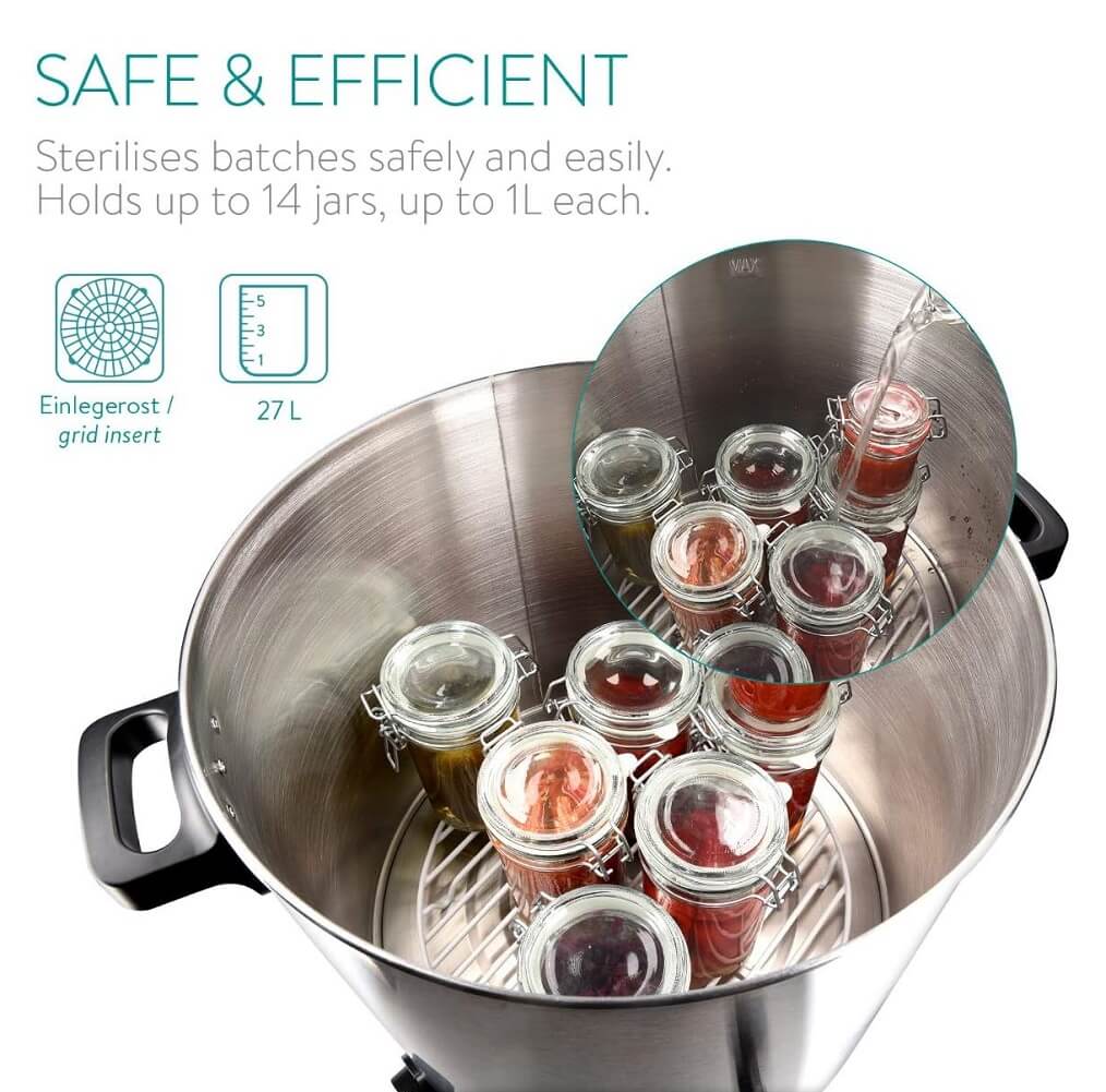 Navaris 27L Stainless Steel 1800W Preserving Kettle with Mulled Wine Function, Including Thermostat & Timer up to 120m, Temperature from 30-100°C With Thermostat Tap - imported from UK