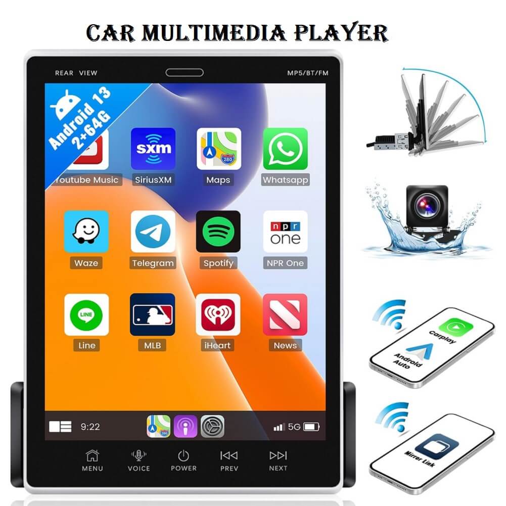 Car Multimedia Player, 2+64G Android 13 Single Din Vertical Touchscreen Car Stereo Wireless CarPlay Android Auto, 9.5" Adjustable Angle Touch Screen Radio with Mirror Link WiFi Bluetooth GPS FM RDS EQ SWC + Backup Camera - Imported from UK